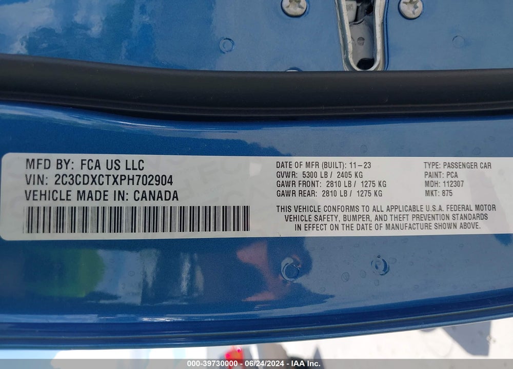 2023 DODGE CHARGER R/T VIN: 2C3CDXCTXPH702904