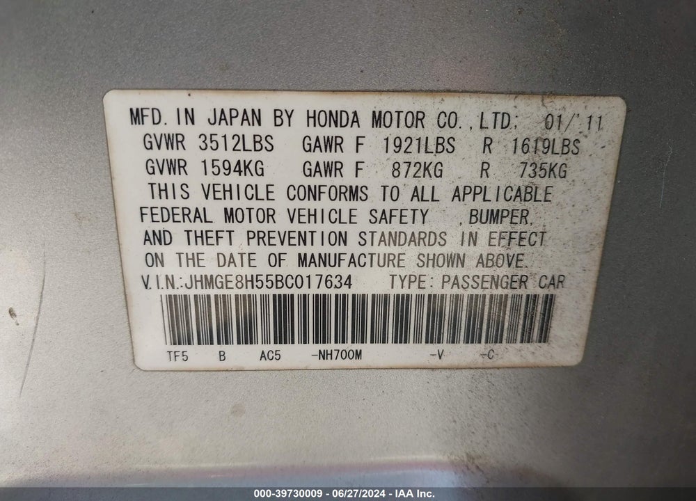 2011 HONDA FIT SPORT VIN: JHMGE8H55BC017634