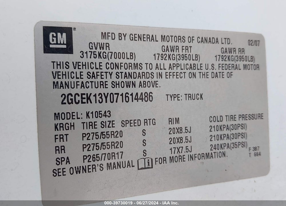 2007 CHEVROLET SILVERADO 1500 LTZ VIN: 2GCEK13Y071614486