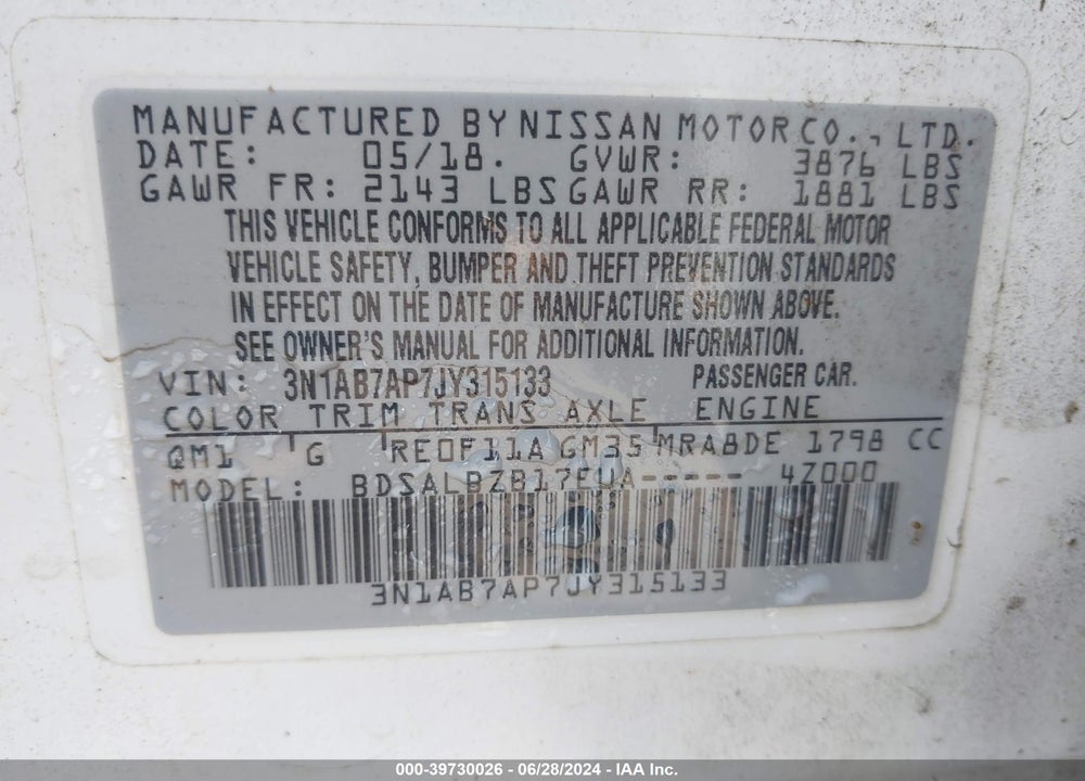 2018 NISSAN SENTRA VIN: 3N1AB7AP7JY315133