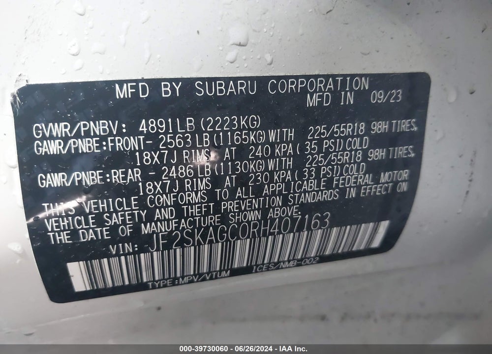 2024 SUBARU FORESTER SPORT VIN: JF2SKAGC0RH407163