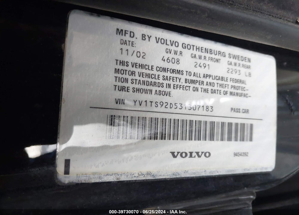 2003 VOLVO S80 2.9 VIN: YV1TS92D531307183