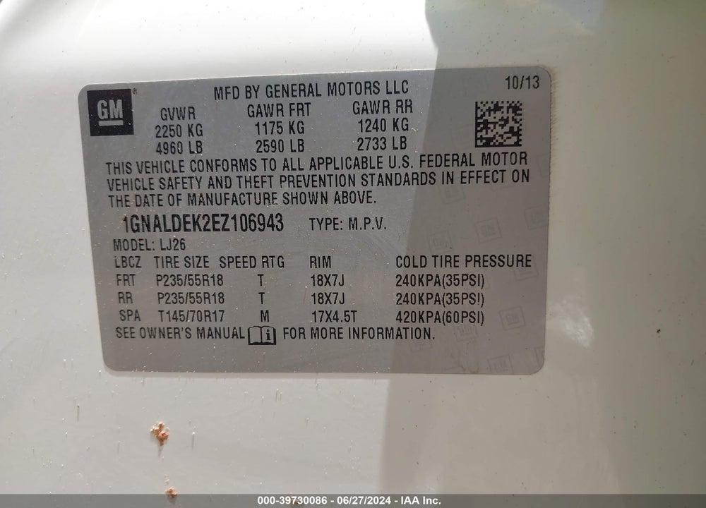 2014 CHEVROLET EQUINOX LTZ VIN: 1GNALDEK2EZ106943