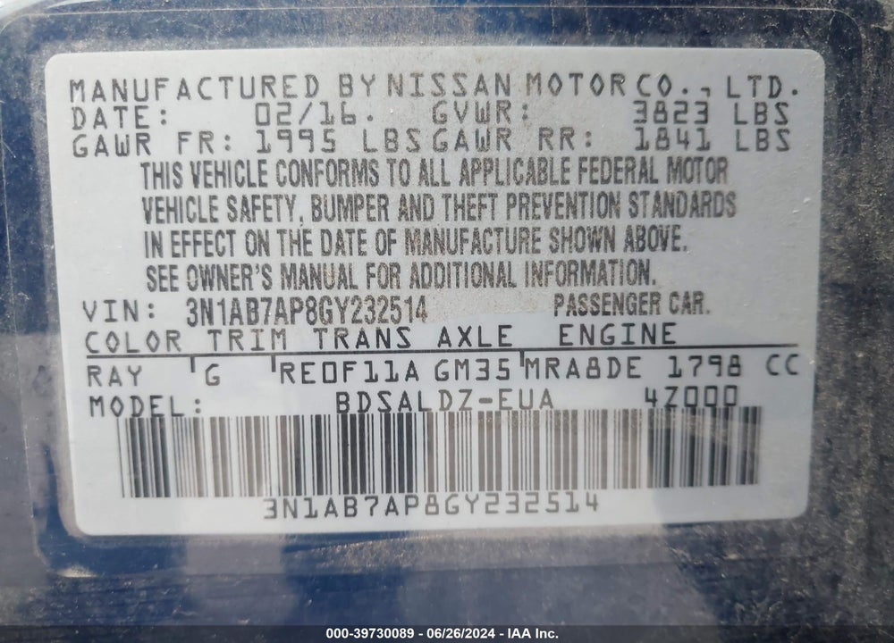 2016 NISSAN SENTRA FE+ S/S/SL/SR/SV VIN: 3N1AB7AP8GY232514