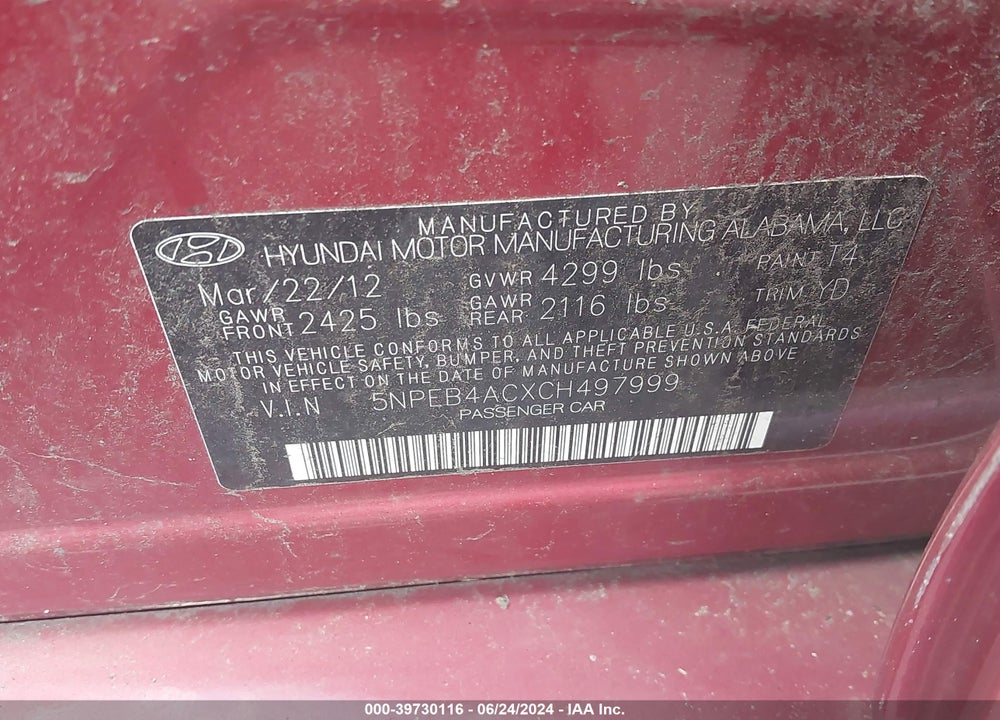 2012 HYUNDAI SONATA GLS VIN: 5NPEB4ACXCH497999