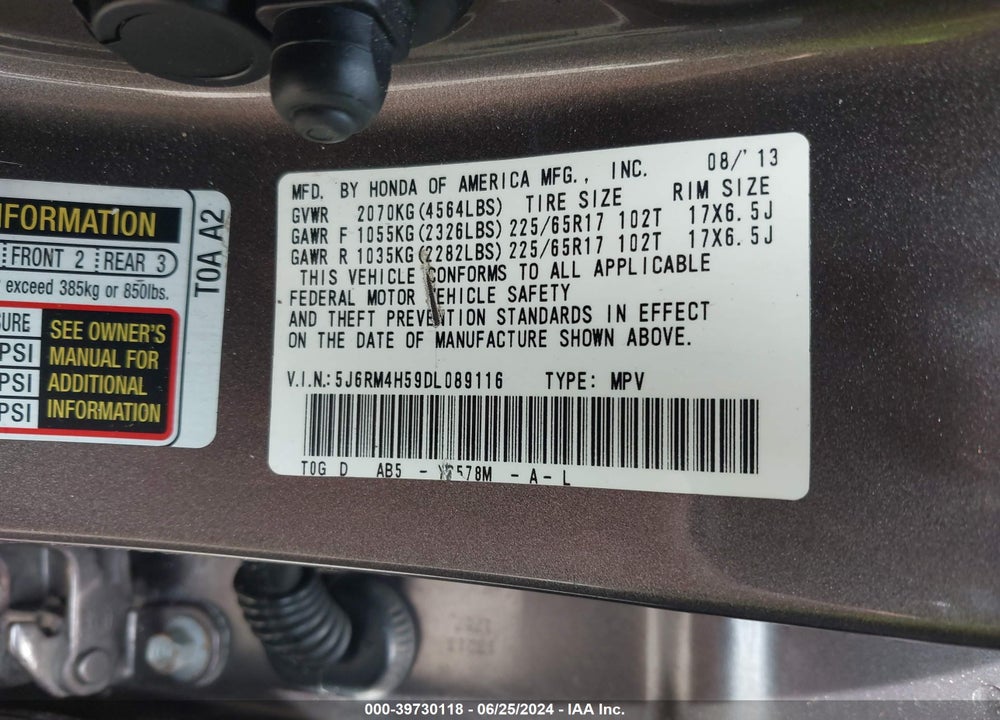 2013 HONDA CR-V EX VIN: 5J6RM4H59DL089116