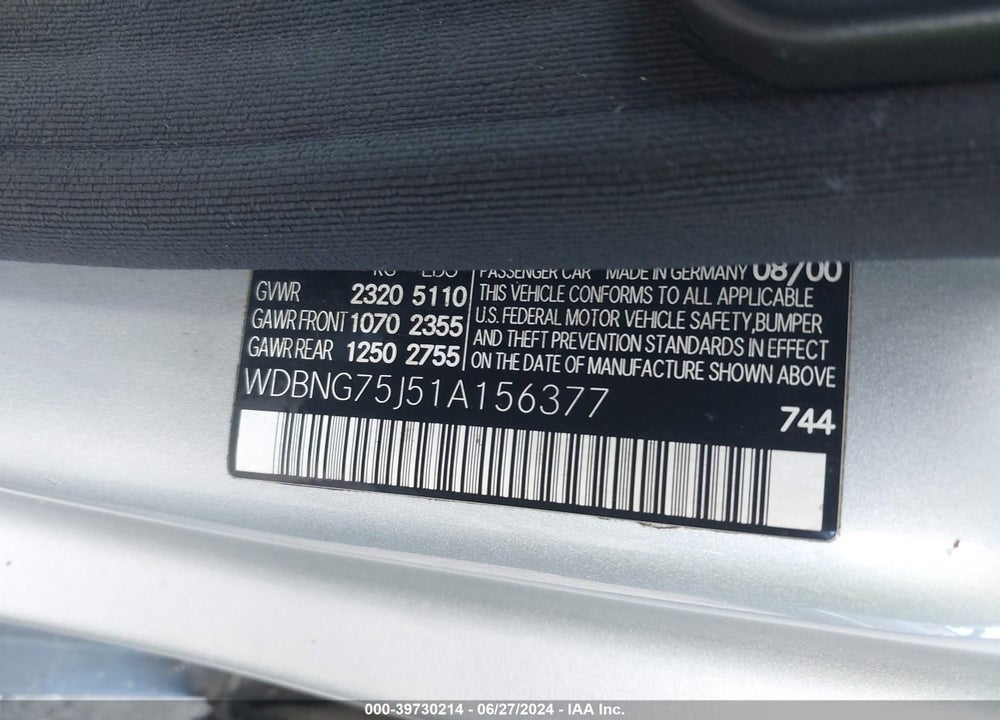 2001 MERCEDES-BENZ S 500 VIN: WDBNG75J51A156377