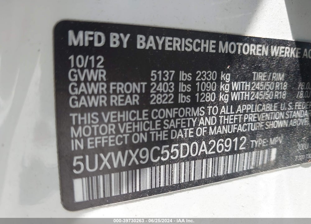 2013 BMW X3 XDRIVE28I VIN: 5UXWX9C55D0A26912