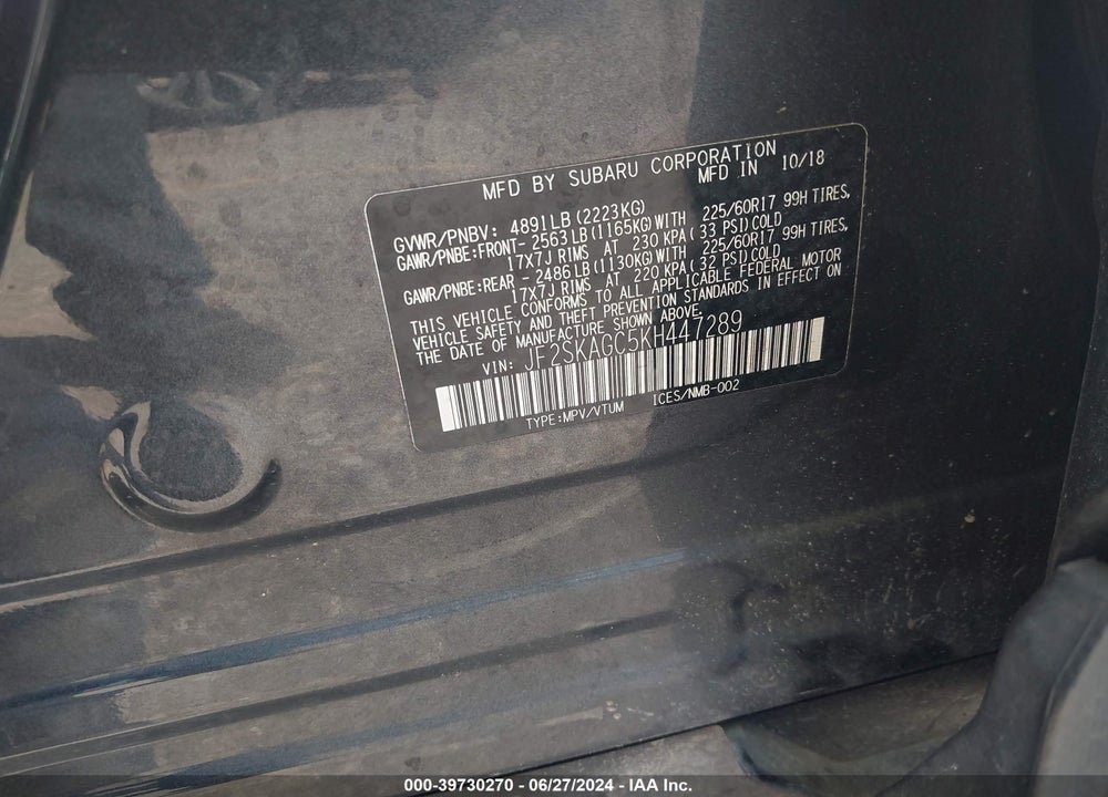 2019 SUBARU FORESTER PREMIUM VIN: JF2SKAGC5KH447289