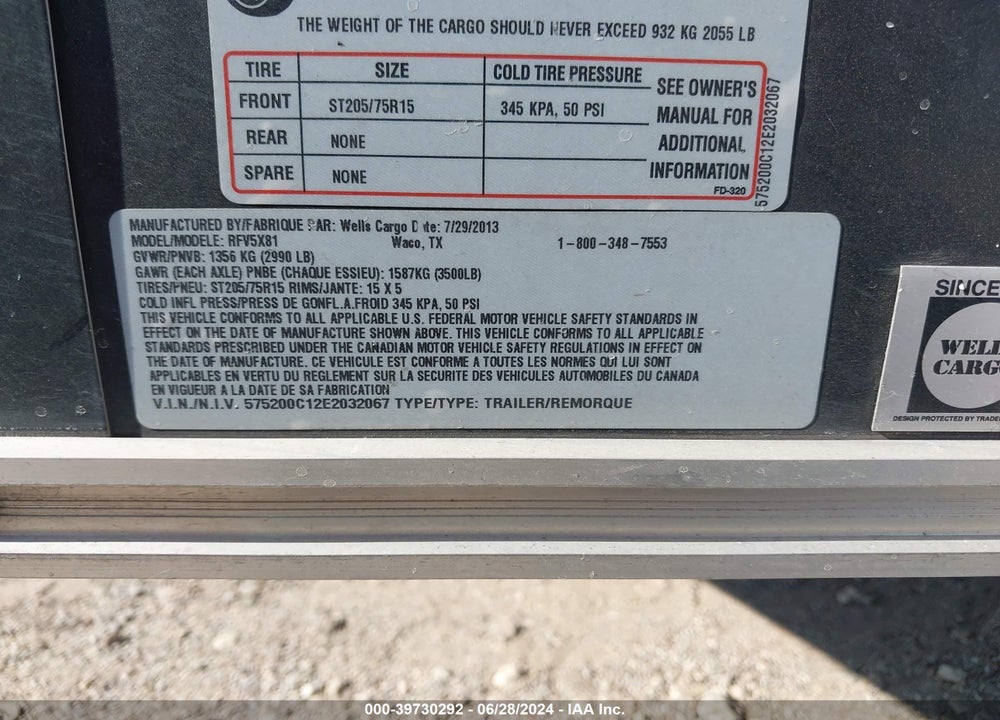 2014 WELLS CARGO RFV5X81 VIN: 575200C12E2032067
