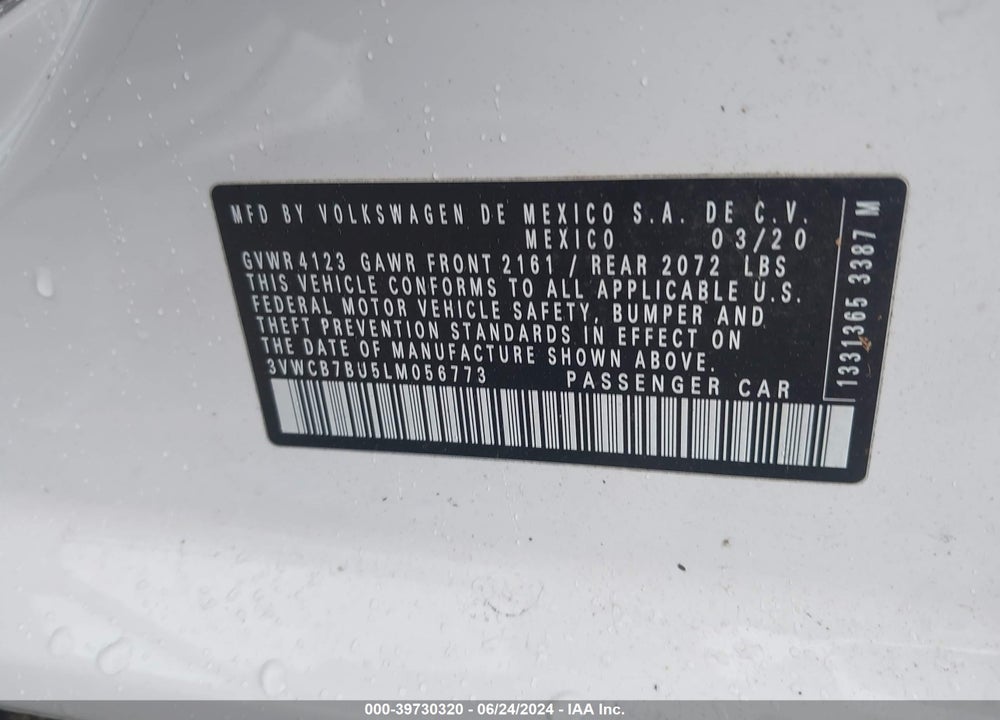 2020 VOLKSWAGEN JETTA 1.4T R-LINE/1.4T S/1.4T SE VIN: 3VWCB7BU5LM056773