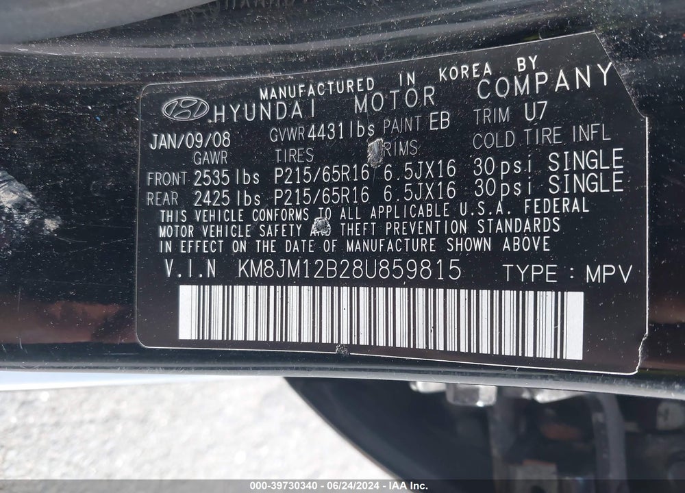 2008 HYUNDAI TUCSON GLS VIN: KM8JM12B28U859815