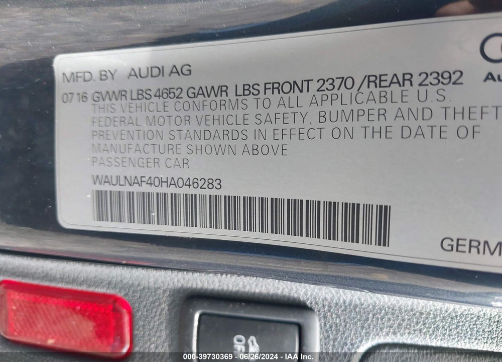 2017 AUDI A4 2.0T PREMIUM VIN: WAULNAF40HA046283