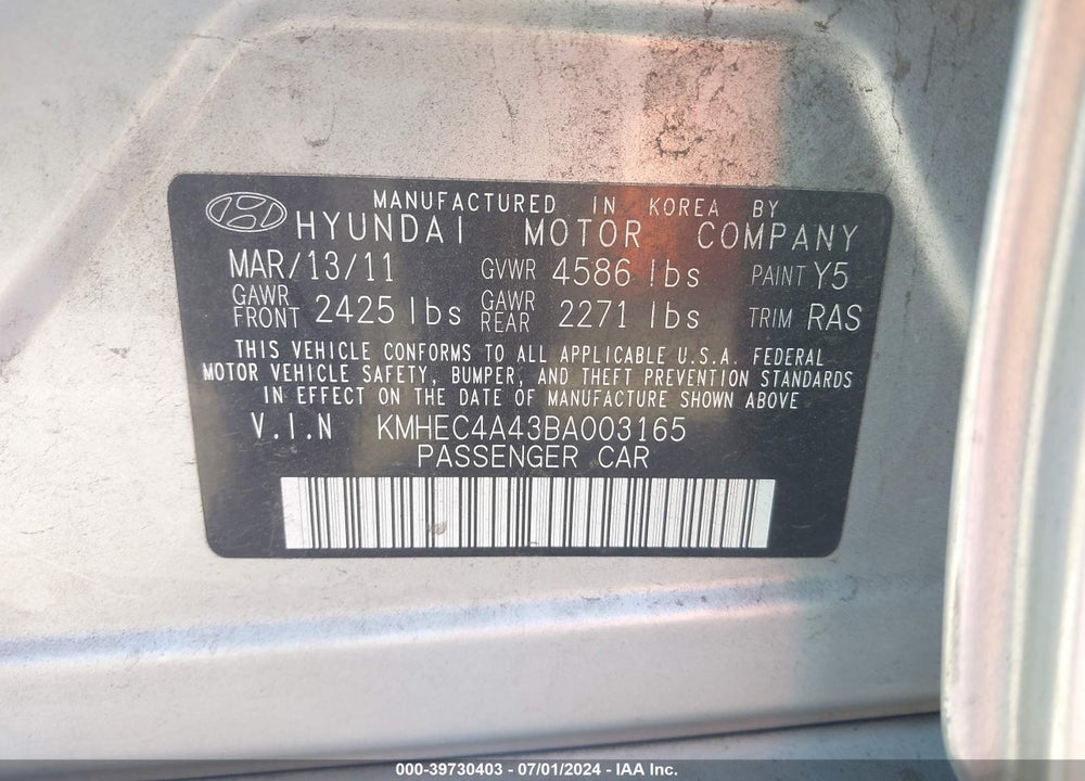 2011 HYUNDAI SONATA HYBRID VIN: KMHEC4A43BA003165