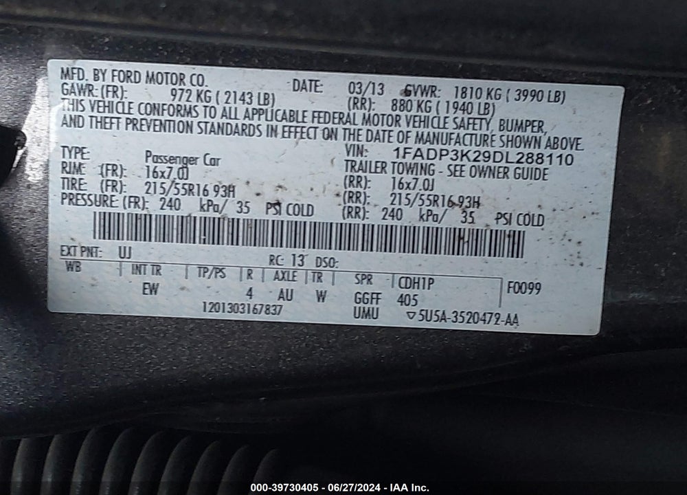 2013 FORD FOCUS SE VIN: 1FADP3K29DL288110