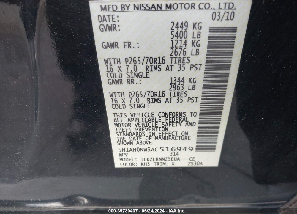 2010 NISSAN XTERRA S VIN: 5N1AN0NW5AC516949
