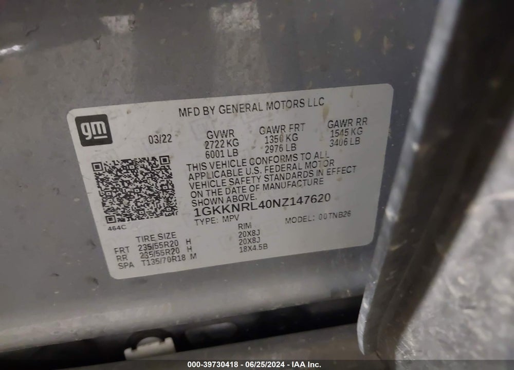 2022 GMC ACADIA AWD SLE VIN: 1GKKNRL40NZ147620