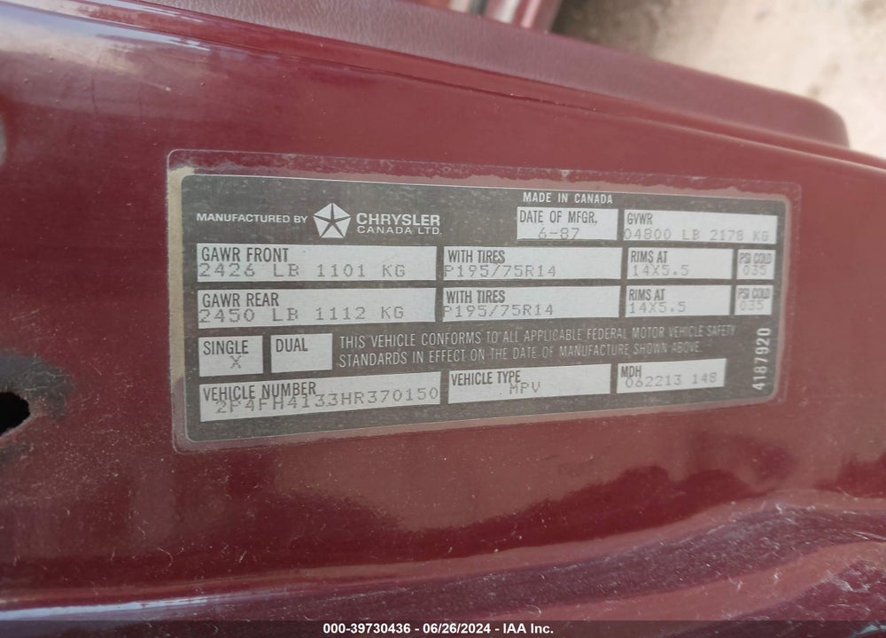 1987 PLYMOUTH VOYAGER VIN: 2P4FH4133HR370150
