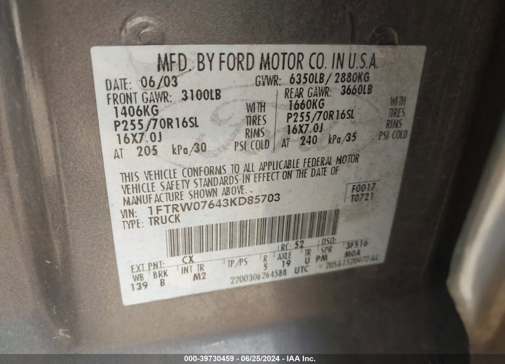 2003 FORD F-150 LARIAT/XLT VIN: 1FTRW07643KD85703