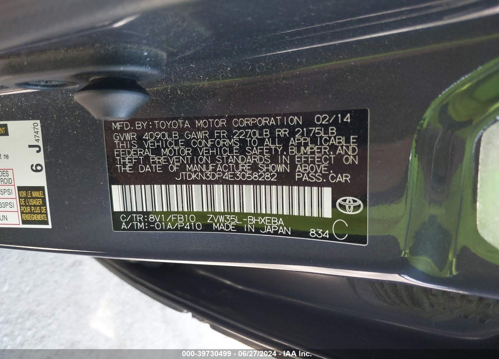 2014 TOYOTA PRIUS PLUG-IN VIN: JTDKN3DP4E3058282