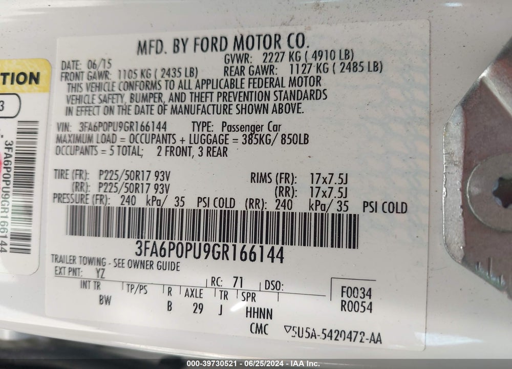 2016 FORD FUSION ENERGI SE LUXURY VIN: 3FA6P0PU9GR166144