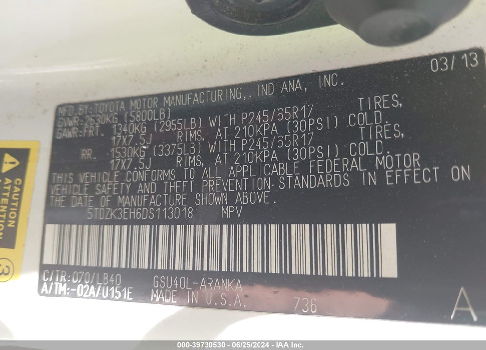 2013 TOYOTA HIGHLANDER VIN: 5TDZK3EH6DS113018