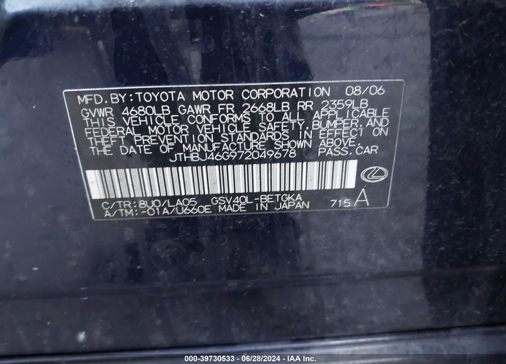 2007 LEXUS ES 350 VIN: JTHBJ46G972049678