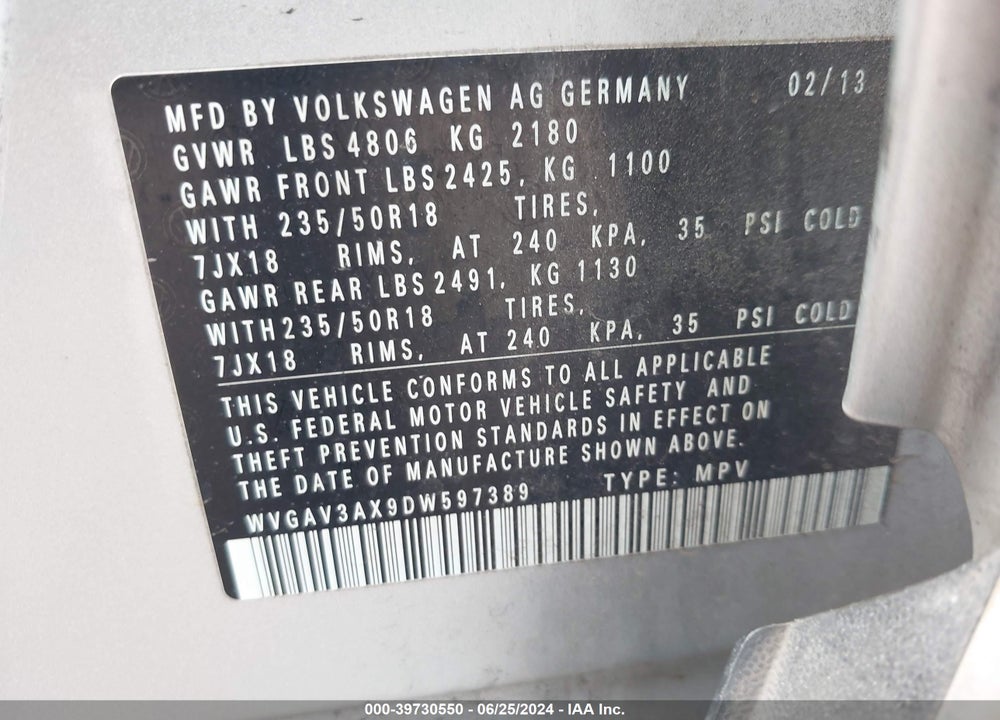 2013 VOLKSWAGEN TIGUAN SE VIN: WVGAV3AX9DW597389