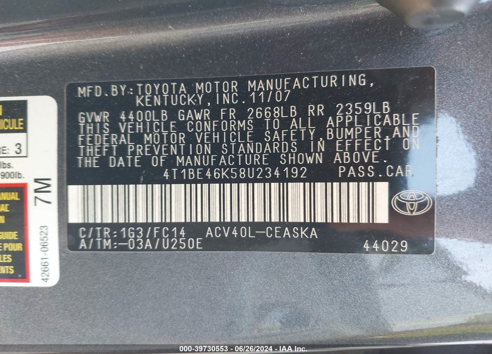 2008 TOYOTA CAMRY SE VIN: 4T1BE46K58U234192