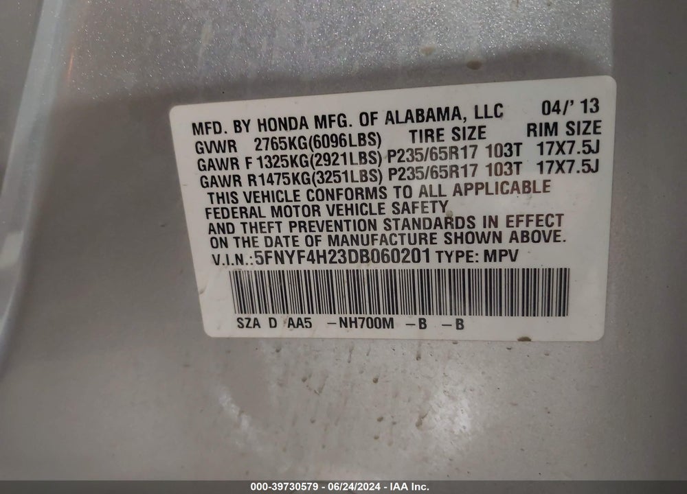 2013 HONDA PILOT VIN: 5FNYF4H23DB060201