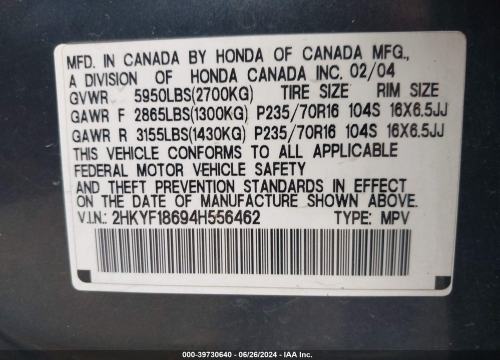 2004 HONDA PILOT EX-L VIN: 2HKYF18694H556462