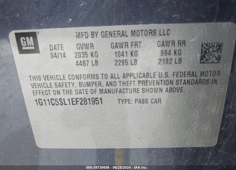 2014 CHEVROLET MALIBU 1LT VIN: 1G11C5SL1EF281951