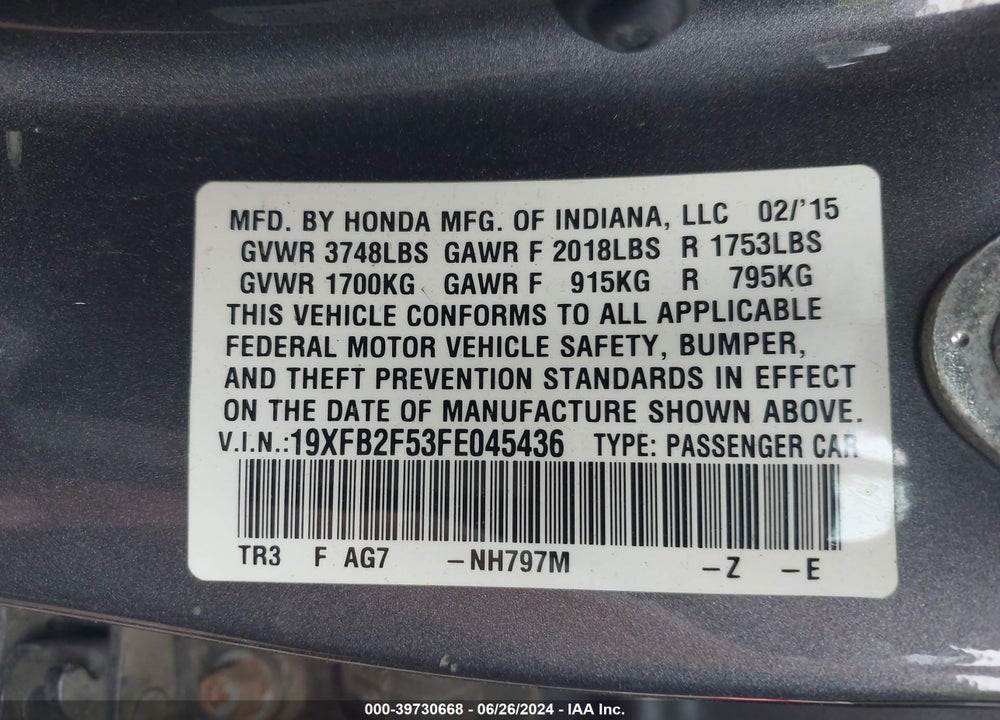 2015 HONDA CIVIC LX VIN: 19XFB2F53FE045436