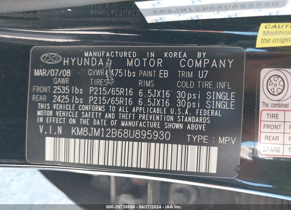 2008 HYUNDAI TUCSON VIN: KM8JM12B68U895930