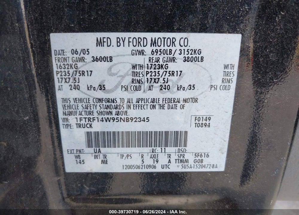 2005 FORD F-150 STX/XL/XLT VIN: 1FTRF14W95NB92345
