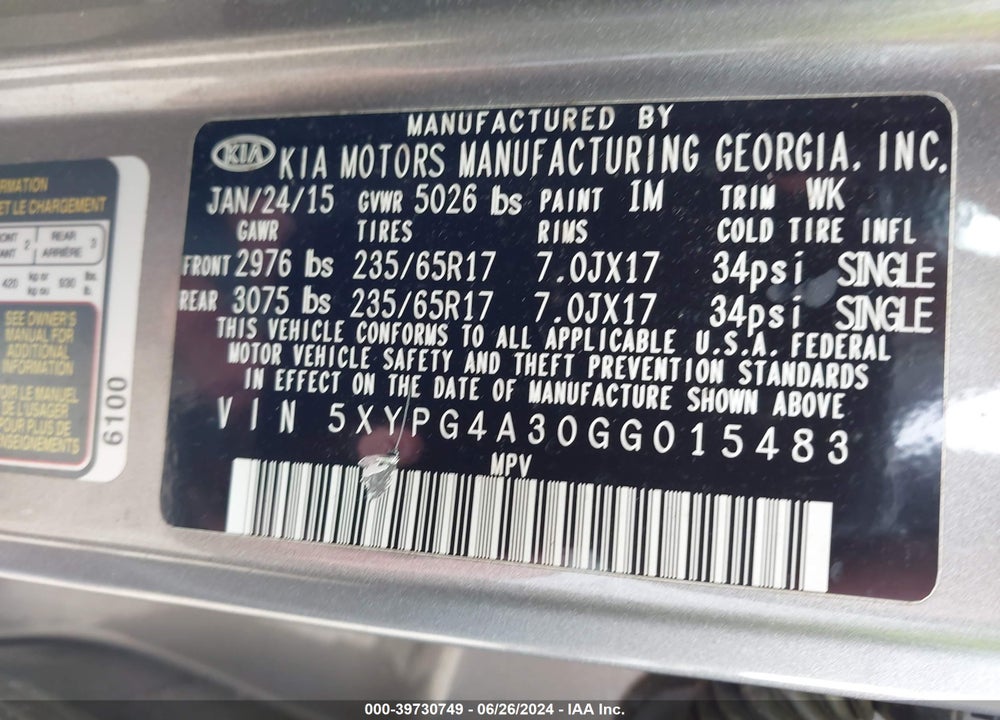 2016 KIA SORENTO 2.4L LX VIN: 5XYPG4A30GG015483