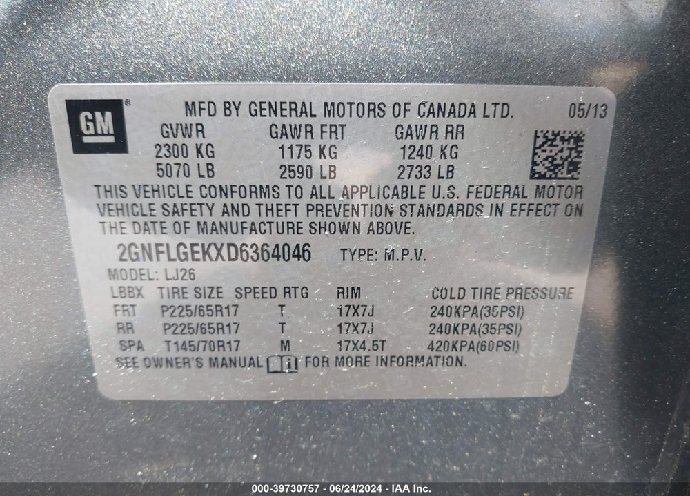 2013 CHEVROLET EQUINOX LTZ VIN: 2GNFLGEKXD6364046