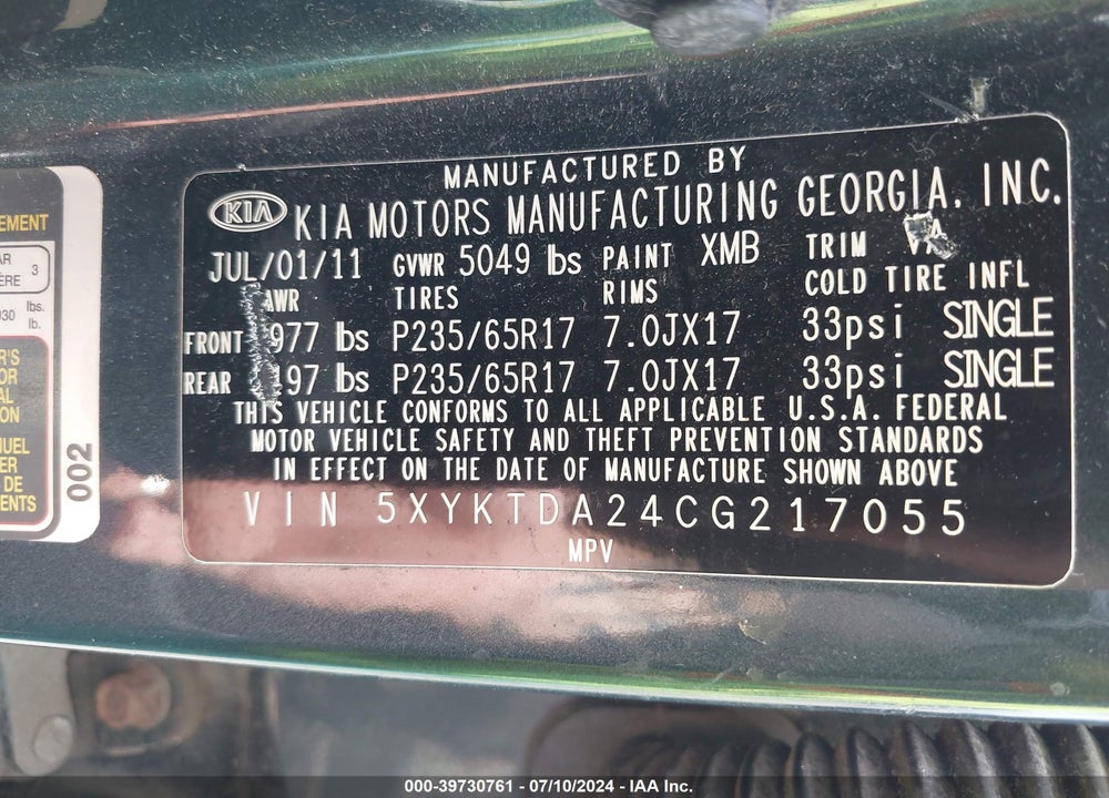 2012 KIA SORENTO LX V6 VIN: 5XYKTDA24CG217055