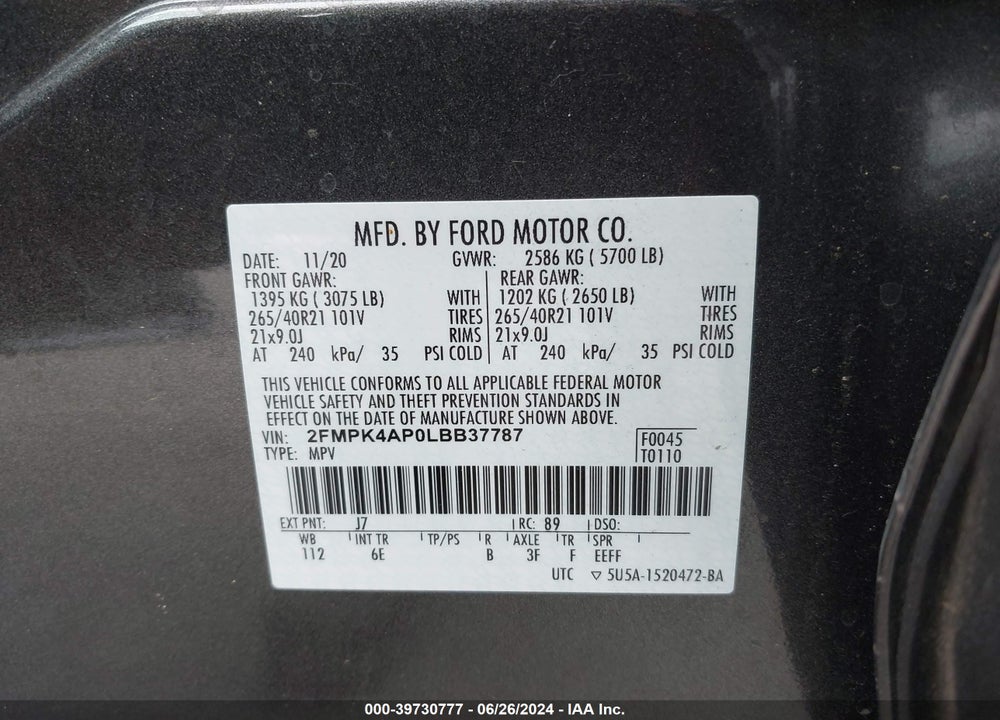 2020 FORD EDGE ST VIN: 2FMPK4AP0LBB37787