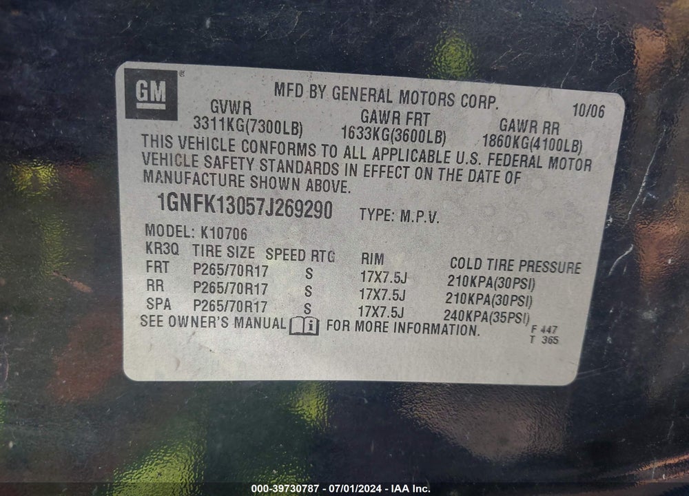 2007 CHEVROLET TAHOE LT VIN: 1GNFK13057J269290