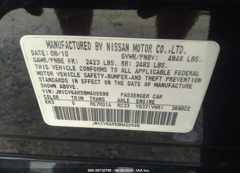 2011 INFINITI G37X VIN: JN1CV6AR5BM400598