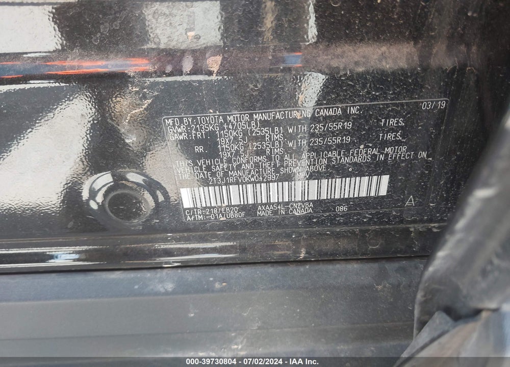 2019 TOYOTA RAV4 ADVENTURE VIN: 2T3J1RFV0KW042997