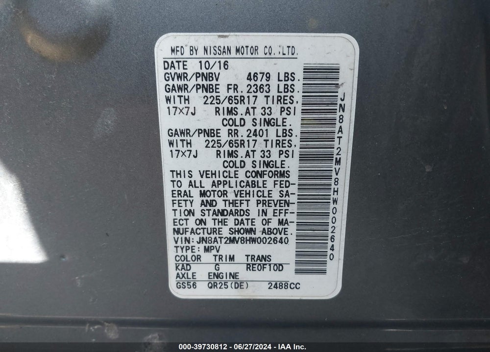 2017 NISSAN ROGUE S VIN: JN8AT2MV8HW002640