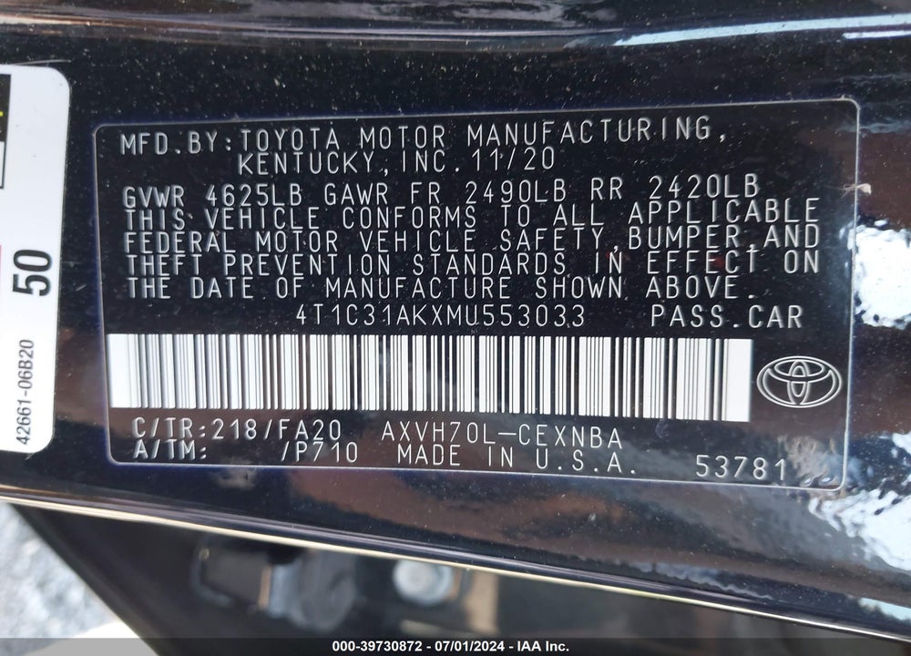 2021 TOYOTA CAMRY LE HYBRID VIN: 4T1C31AKXMU553033