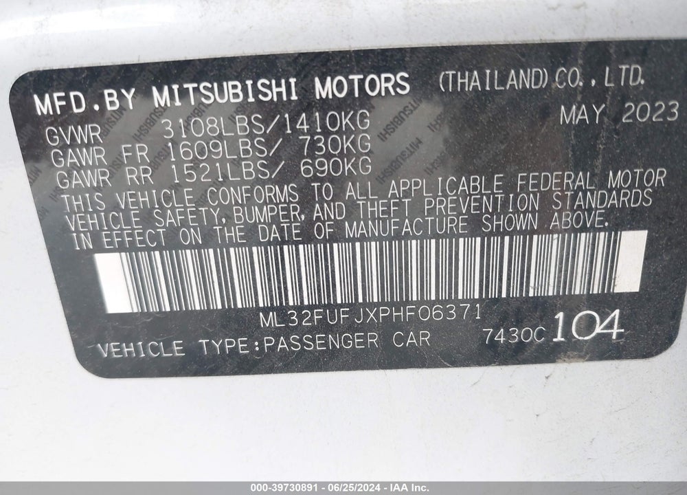 2023 MITSUBISHI MIRAGE G4 ES VIN: ML32FUFJXPHF06371