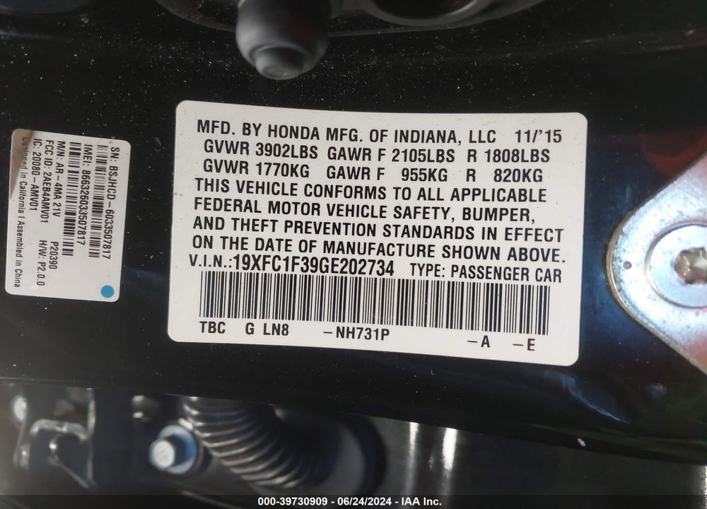 2016 HONDA CIVIC EX-T VIN: 19XFC1F39GE202734