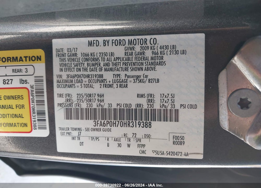 2017 FORD FUSION SE VIN: 3FA6P0H70HR319388