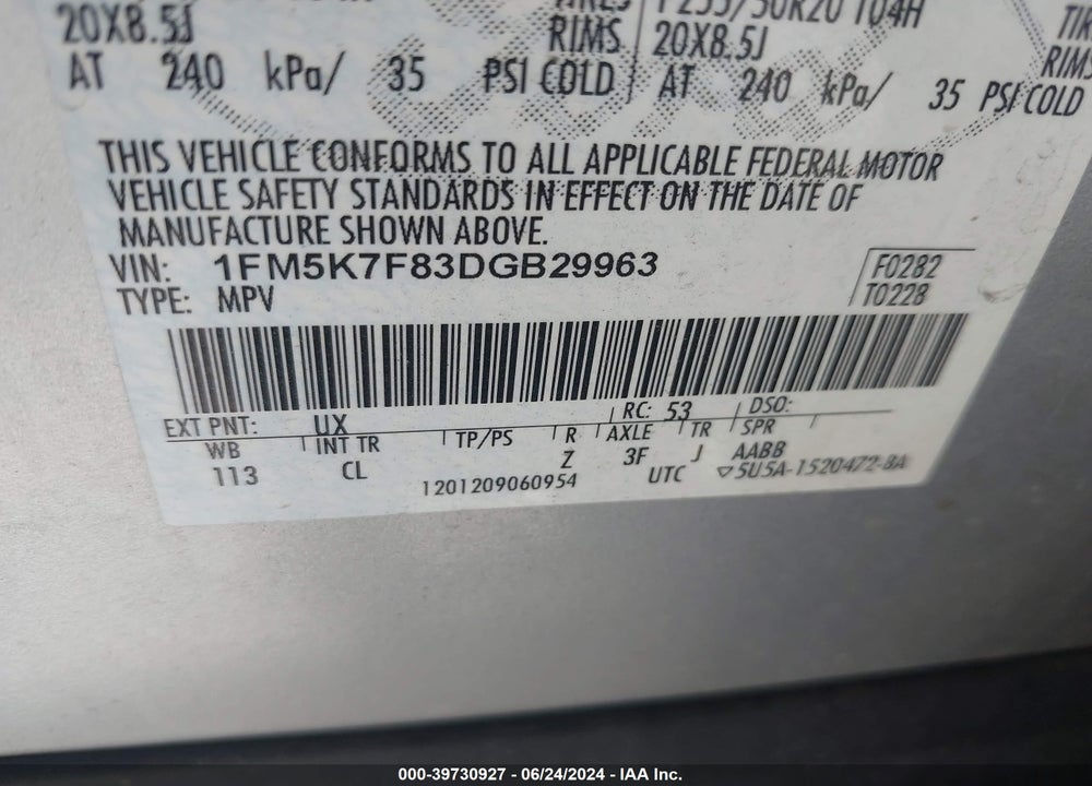 2013 FORD EXPLORER LIMITED VIN: 1FM5K7F83DGB29963
