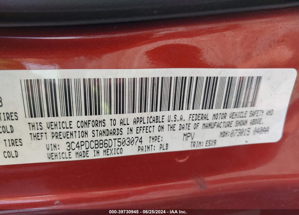 2013 DODGE JOURNEY SXT VIN: 3C4PDCBB6DT503074