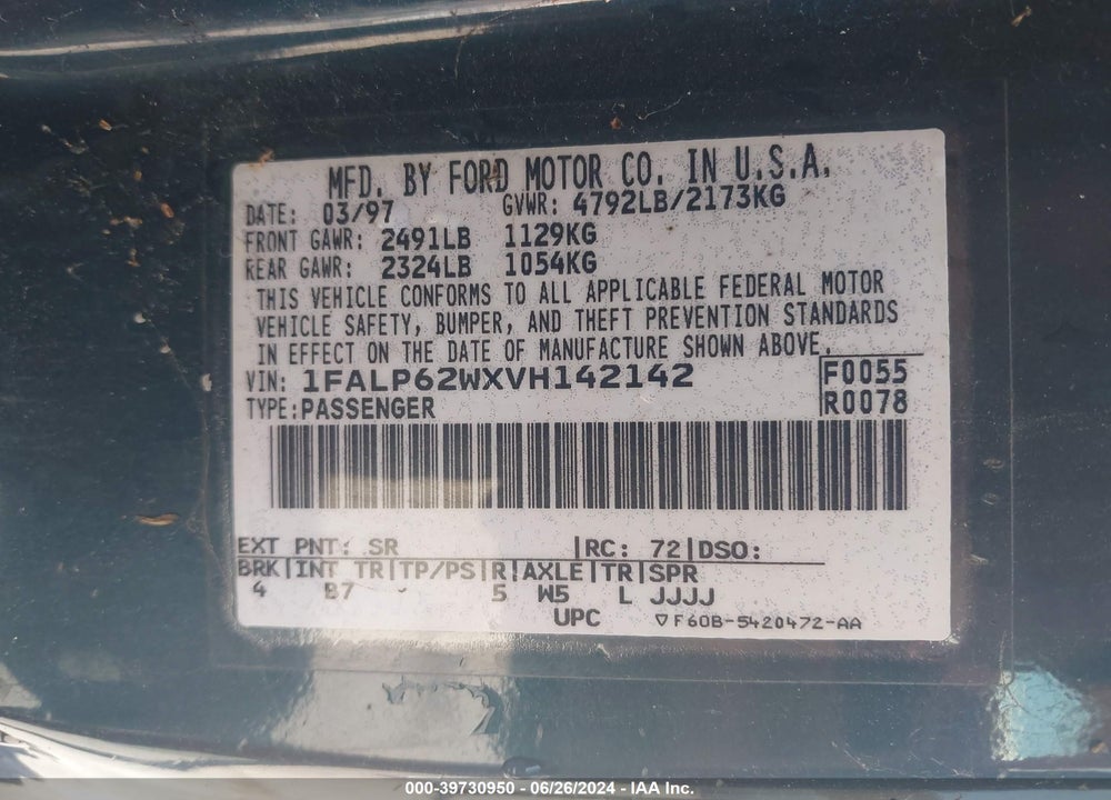 1997 FORD THUNDERBIRD LX VIN: 1FALP62WXVH142142